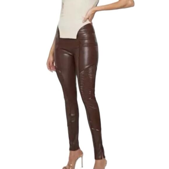Maniere De Voir Vegan Faux Leather Brown Ribbed Patent Leggings Moto NWT size 12 - Picture 2 of 15